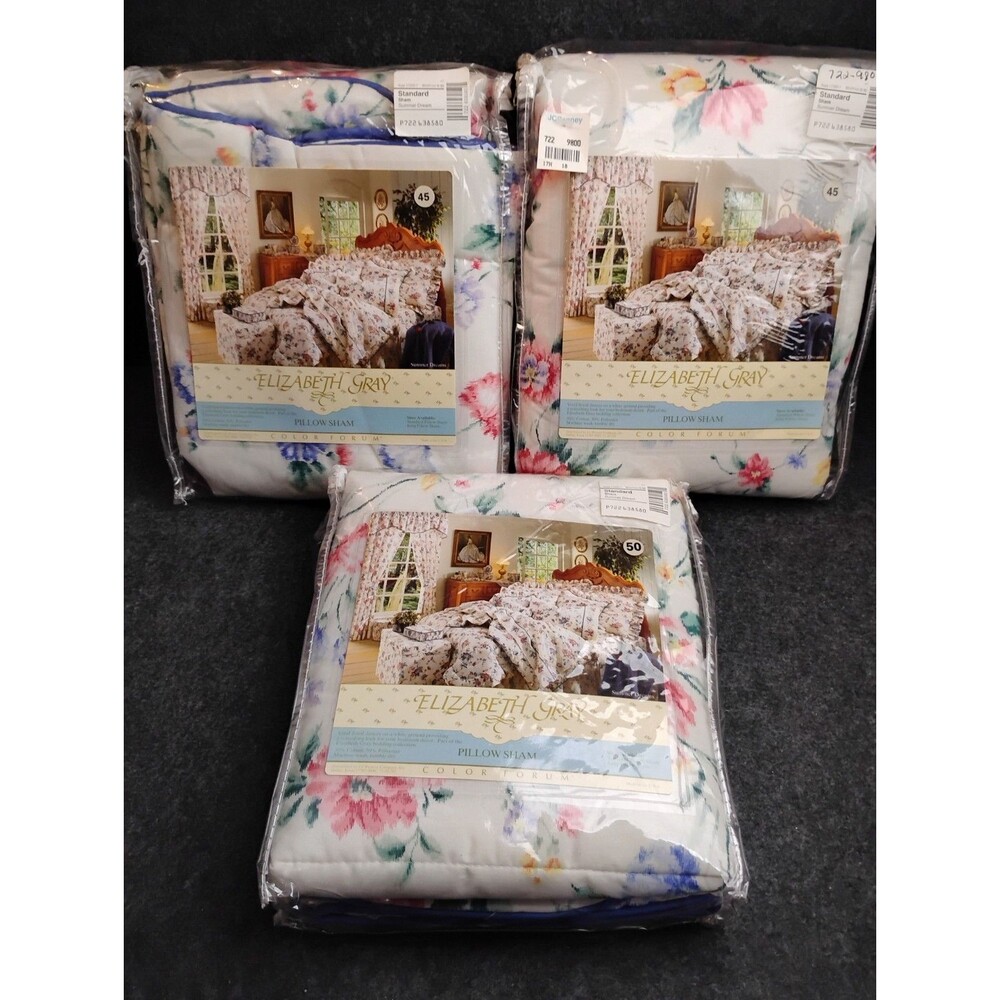 3 Elizabeth Gray Standard Pillow Sham Summer Dream Pattern Floral w Piping Trim